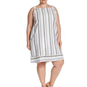Sharagano Linen Lightweight Sleeveless Striped Knee Length Shift Dress 24W Blue